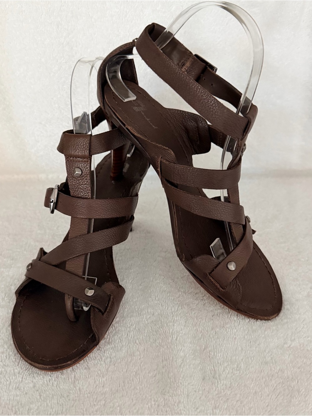 NEW 7 For All Mankind Brown Leather Ankle Strap Caged Gladiator Heels Sandals 8M